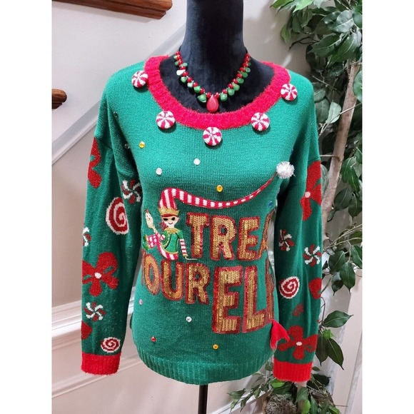 Holiday Times Christmas Green Acrylic Round Neck Long Sleeve Knit Sweater Size M - Picture 2 of 11